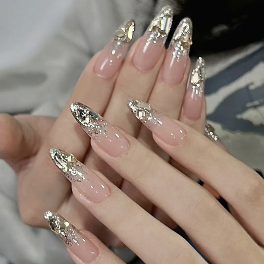 Glamorous Fantasy Long Almond Pink Silver Glitter Press on Nail Set