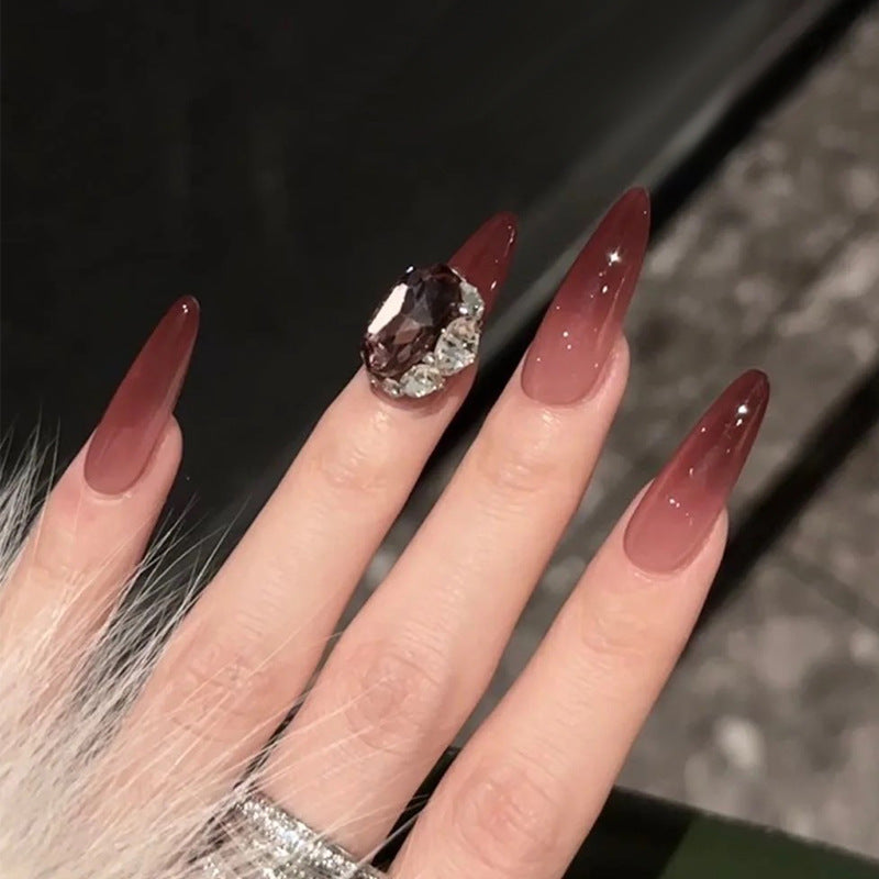 Glamorous Elegance Long Almond Ombre Burgundy Press On Nail Set with Sparkling Gem Accent