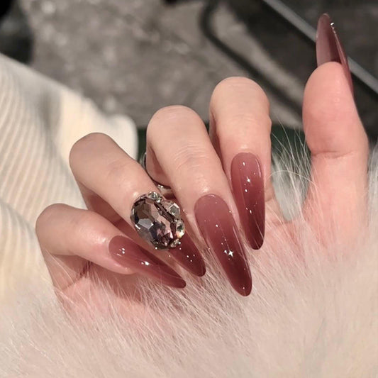 Glamorous Enchantment Long Almond Burgundy Ombre Press-On Nails with Sparkling Jewel Accent