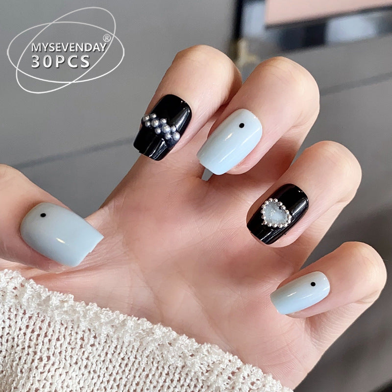 Elegant Night Glamour Medium Square Matte Blue and Glossy Black Press On Nail Set with Pearl and Gemstone Accents