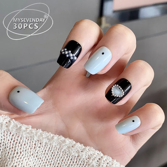 Elegant Night Glamour Medium Square Matte Blue and Glossy Black Press On Nail Set with Pearl and Gemstone Accents
