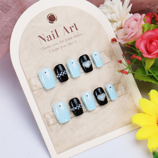 Chic Twilight Dream Press On Nail Set Short Length Square Shape Sky Blue and Jet Black with Elegant Pearl Accents