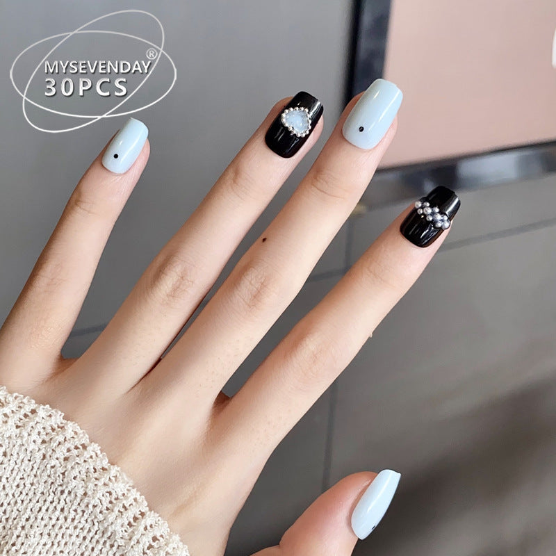 Elegant Glamour Short Square Light Blue and Black Press-On Nail Set with Pearl Embellishments