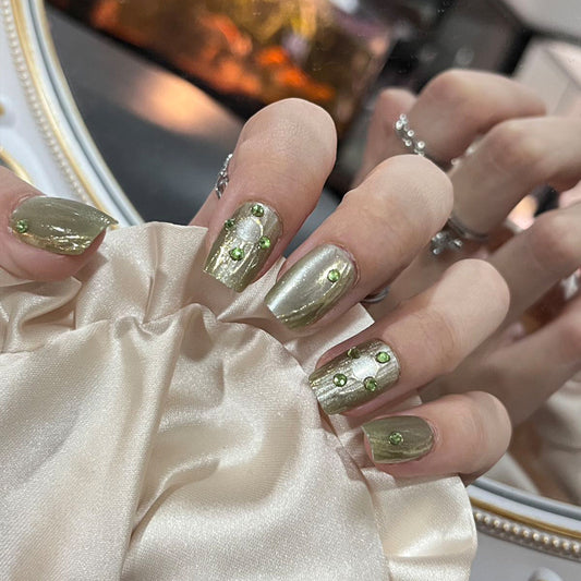 Glamorous Garden Press On Nail Set in Medium Square Shape Olive Green with Shimmering Rhinestone Accents