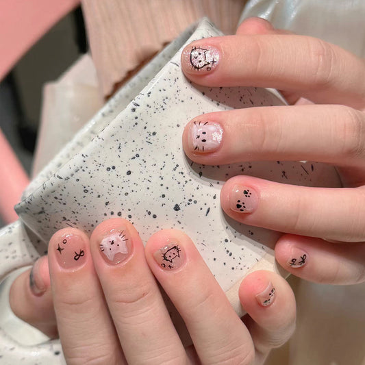 Whimsical Cat Adventure Short Round Pink Sparkle Nail Set with Adorable Cat Designs