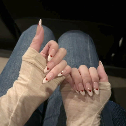 Charming Romance Long Almond Soft Pink with Heart Accent Press On Nail Set