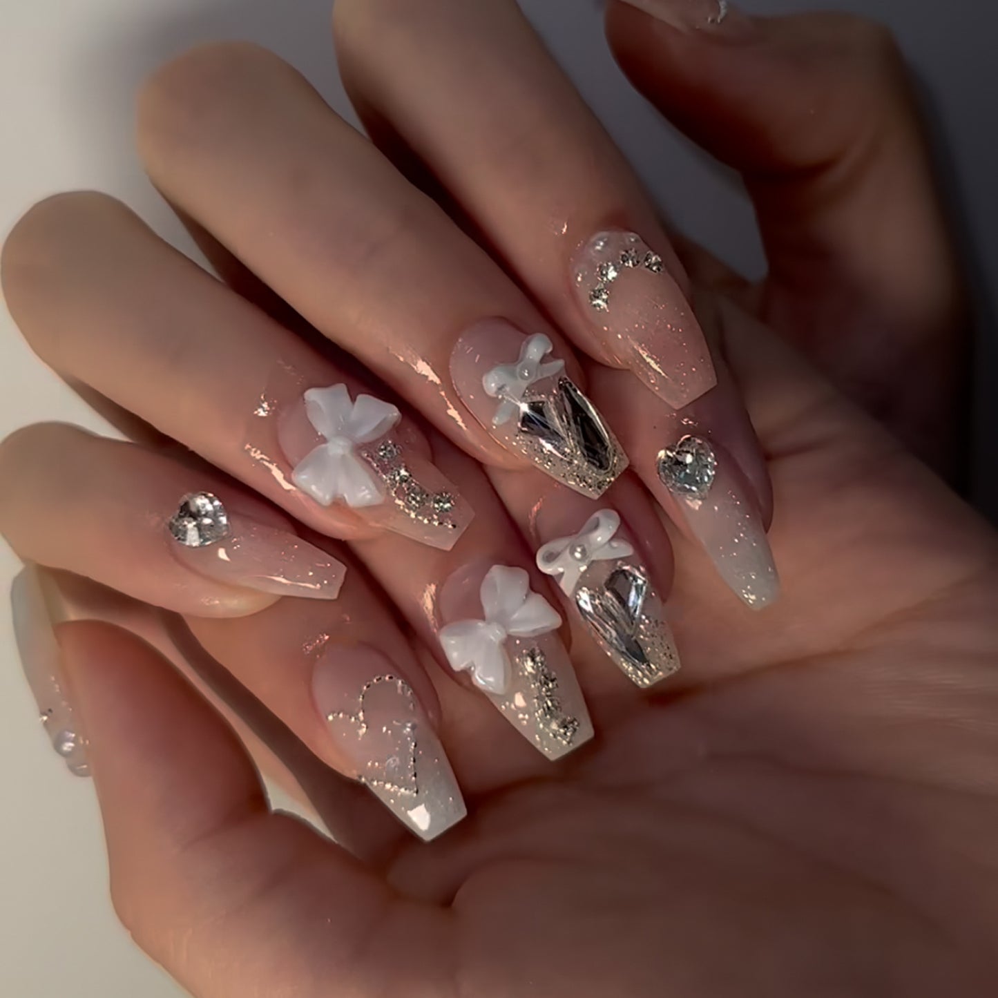 Chic Elegance Long Coffin White Glittery with Bow and Gemstone Accents Press on Nail Set