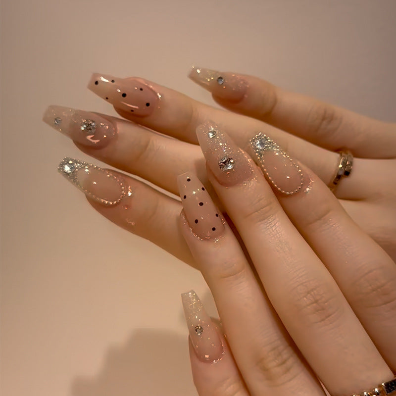 Glamorous Dreamy Long Coffin Shaped Blush Pink Press On Nails with Sparkling Accents