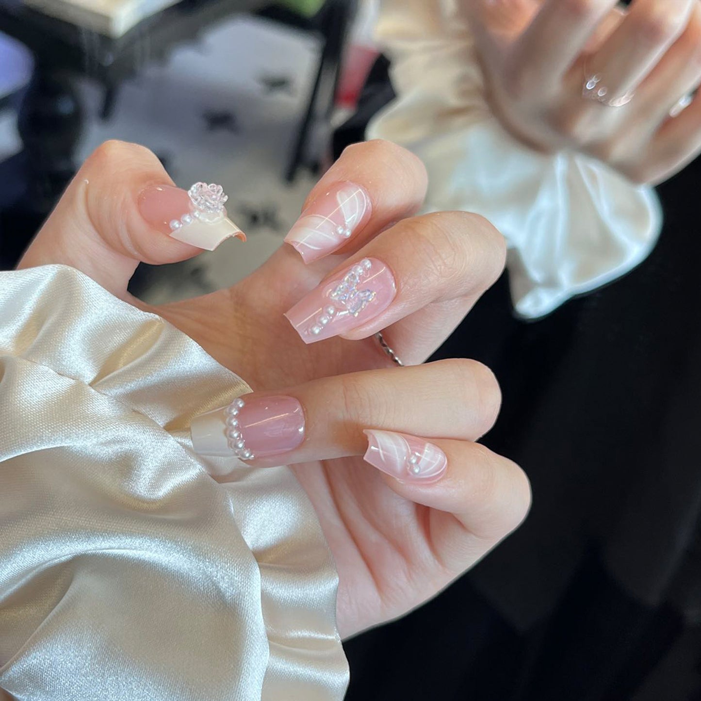 Elegant Romance Long Coffin Pink Gradient Press On Nail Set with Gemstone Accents