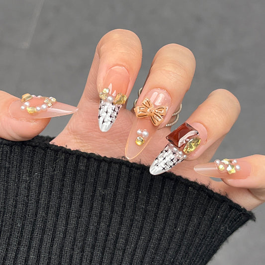 Charming Elegance Extra Long Almond Transparent with Butterfly and Gemstone Accents