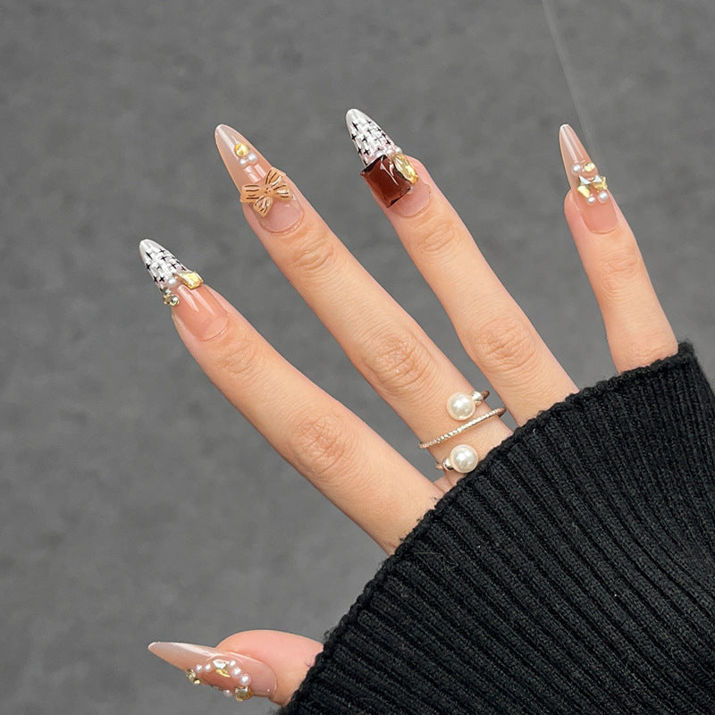 Chic Elegance Long Almond Clear and Silver with Intricate Decorative Accents Press On Nail Set