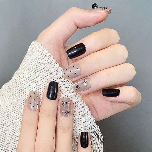 Elegant Noir Chic Long Square Black and Beige with Whimsical Dots and Bows Press On Nail Set