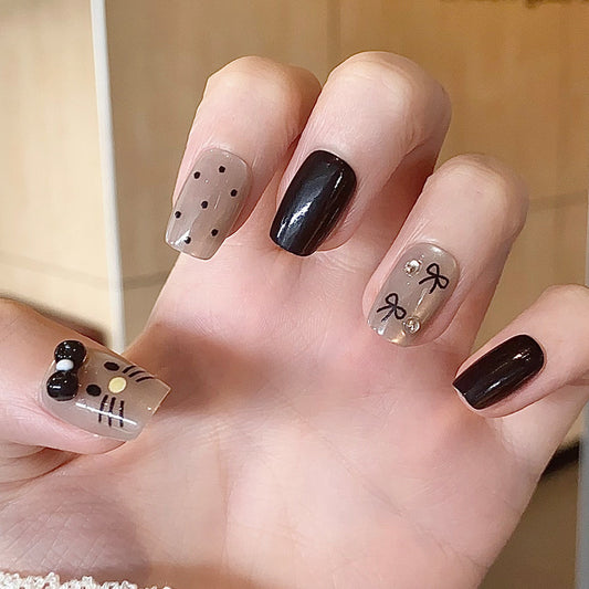 Whimsical Cat Adventure Short Square Brown and Black Press On Nail Set with Cute Bow and Whisker Designs