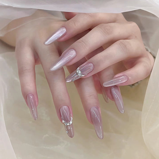 Glamorous Elegance Long Almond Ombre Pink Press-On Nails with Dazzling Rhinestone Accent