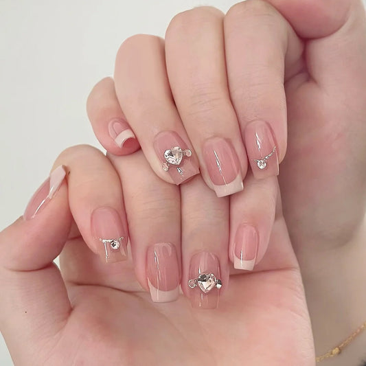 Charming Glamour Short Square Tips Natural Pink with Shimmering Heart Accents Nail Set
