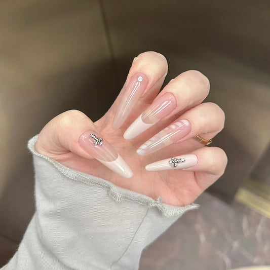 Glamorous Elegance Long Almond Gradient Pink and Clear Press On Nail Set with Dazzling Rhinestone Accents