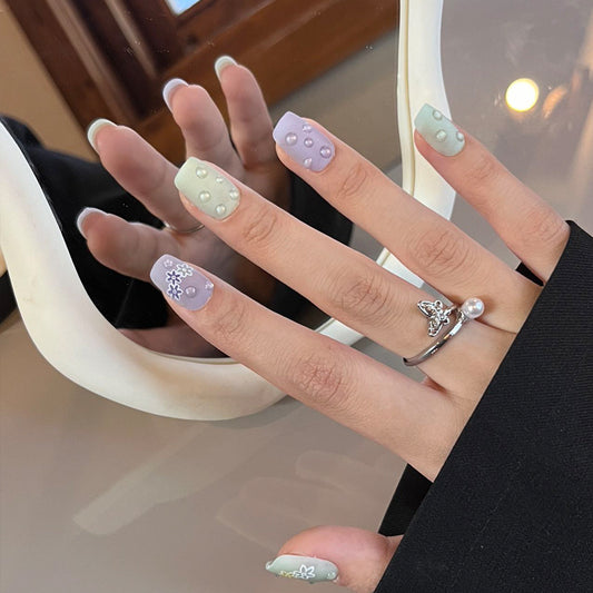 Delicate Spring Pastel Medium Square Press On Nail Set with Textured Pearl Accents