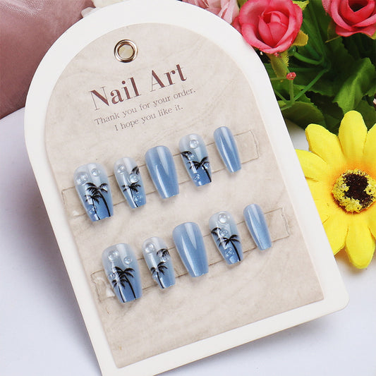 Tropical Escape Short Coffin Shape Blue Press on Nail Set with Stunning Palm Tree Design
