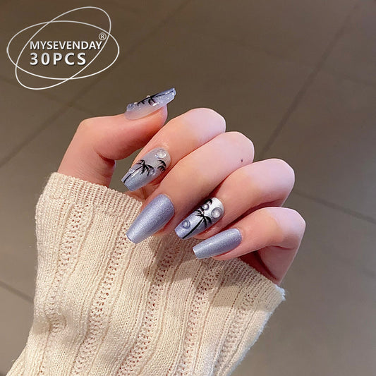 Tropical Dream Long Coffin Shape Shimmering Lavender Press On Nail Set with Eye-Catching Palm Tree Art