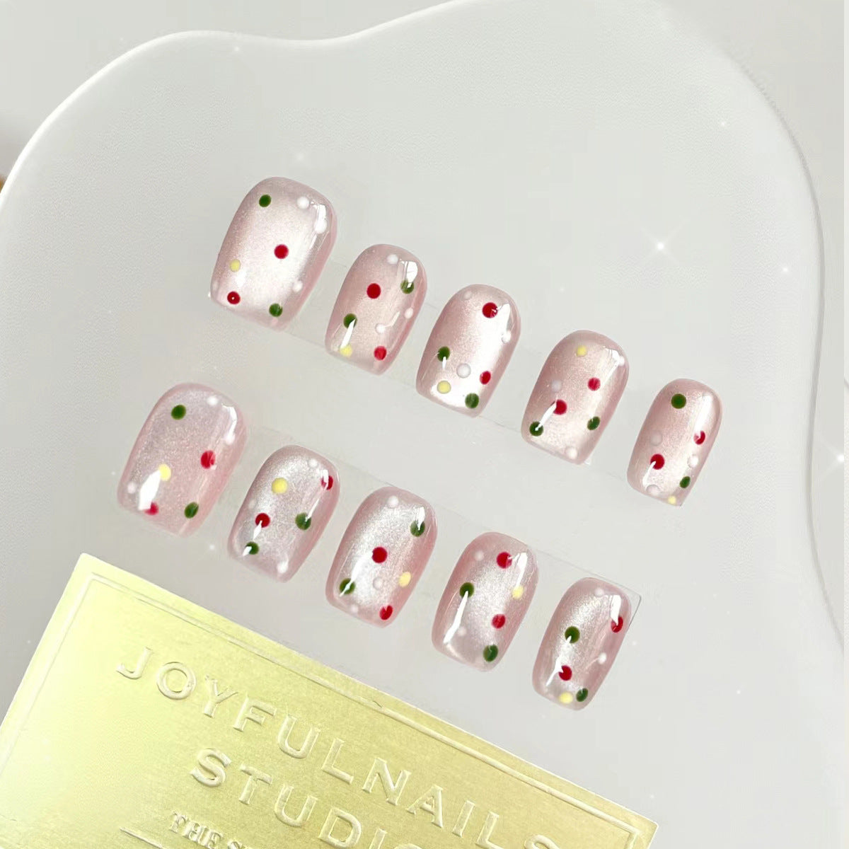Festive Elegance Medium Short Square Pink Glitter Press On Nail Set with Colorful Dot Design