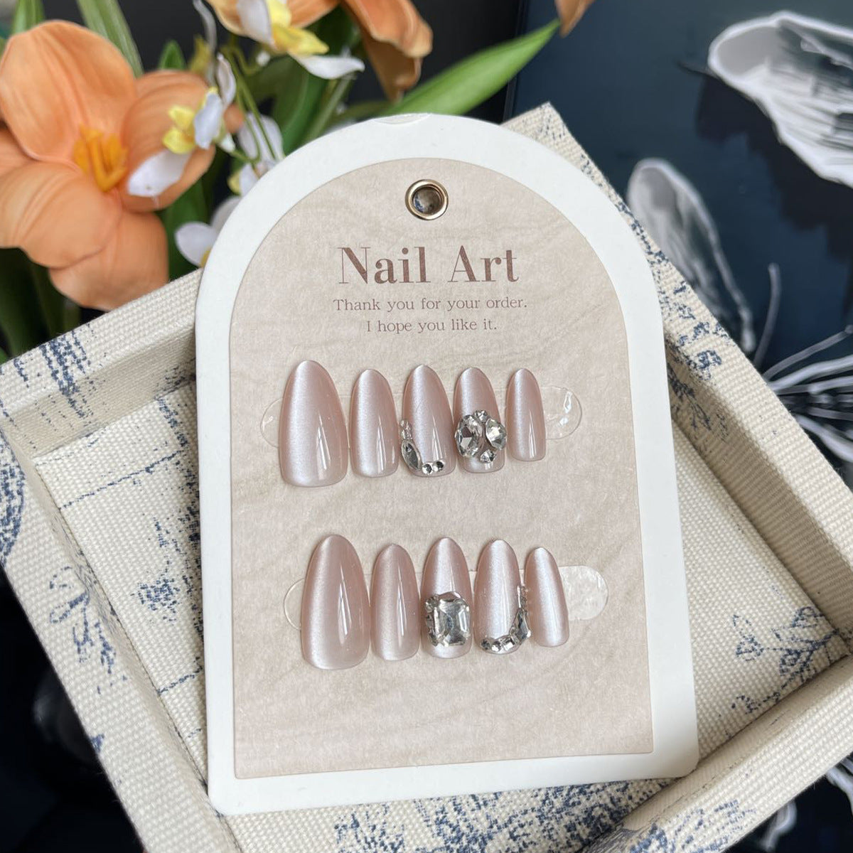 Elegant Rose Quartz Medium Almond Shaped Soft Pink with Gemstone Accents Press On Nail Set
