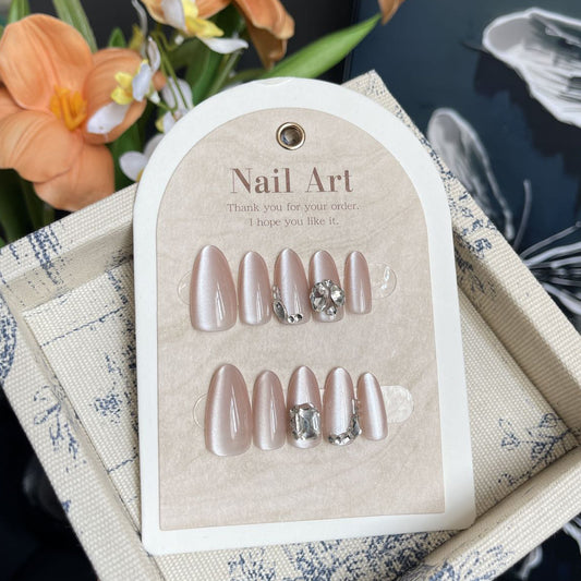 Elegant Rose Quartz Medium Almond Shaped Soft Pink with Gemstone Accents Press On Nail Set