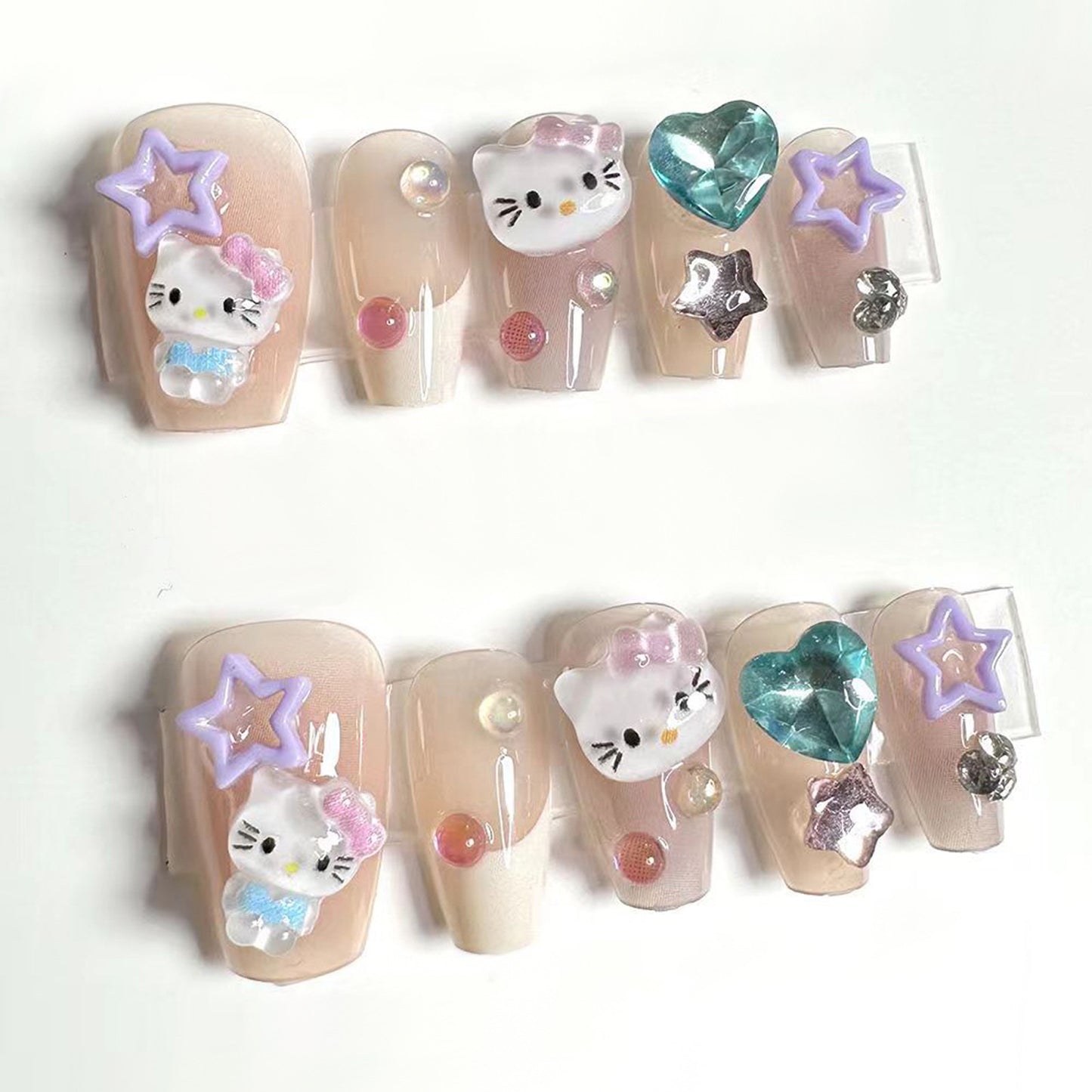 Dreamy Cat Wonderland Medium Coffin Pastel Pink With Adorable Charms And Glitter Accents Press On Nail Set