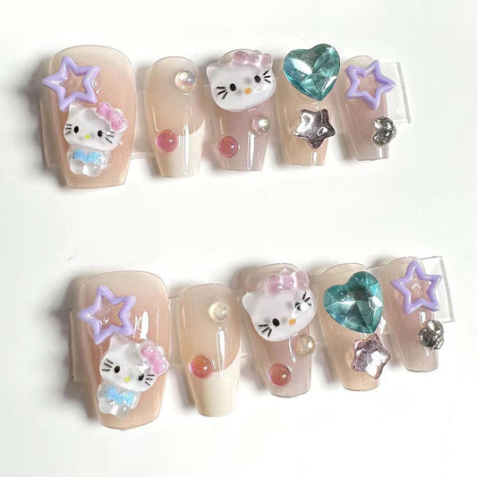 Dreamy Cat Wonderland Medium Coffin Pastel Pink With Adorable Charms And Glitter Accents Press On Nail Set