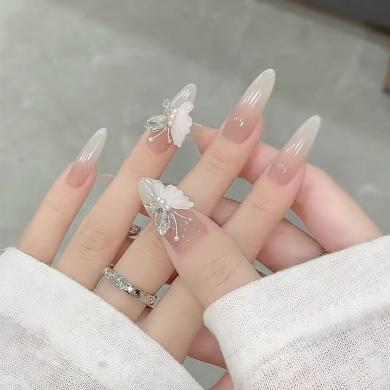 Whimsical Butterfly Inspired Long Stiletto Gradient Beige Press On Nail Set with Elegant Floral Accent