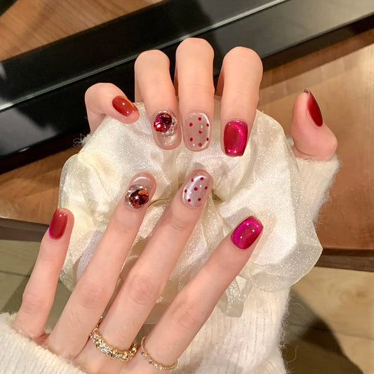 Sparkling Elegance Glossy Short Squoval Red and Pink Press On Nail Set with Dazzling Glitter Accents
