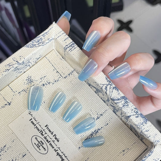 Serene Ocean Breeze Long Coffin Blue Gradient Nails with Iridescent Shine