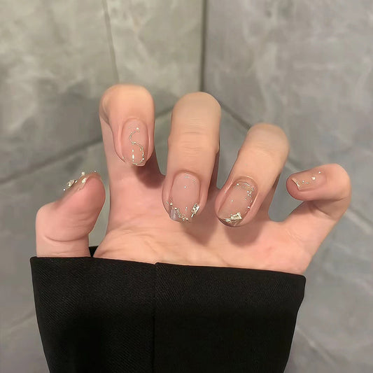 Celestial Elegance Short Square Beige Press On Nail Set with Shimmering Gold Accents