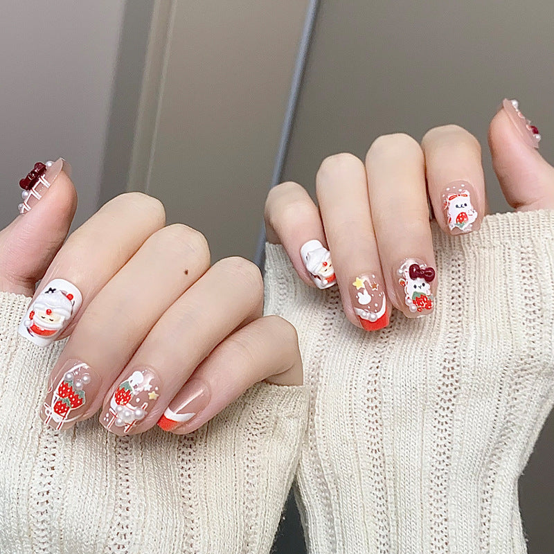 Festive Winter Wonderland Short Square Red and White Nail Set with Cute Character Designs