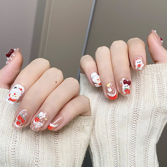 Festive Winter Wonderland Short Square Red and White Nail Set with Cute Character Designs