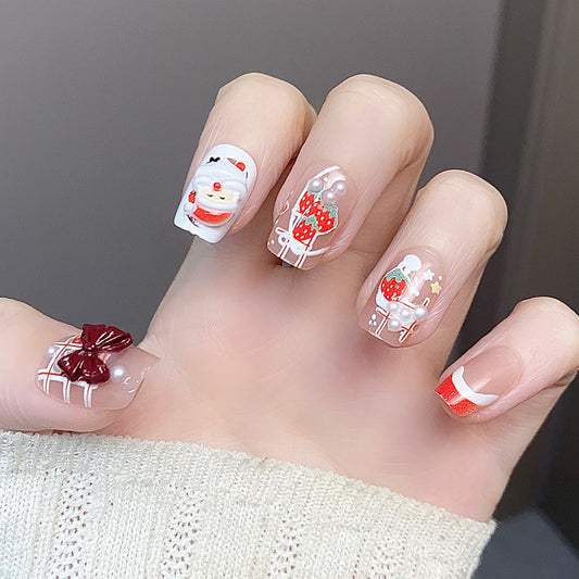 Festive Delight Short Square Red and White with Santa and Strawberry Design Press On Nail Set