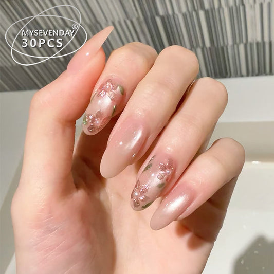 Blossom Elegance Long Almond Pink Floral Press On Nail Set