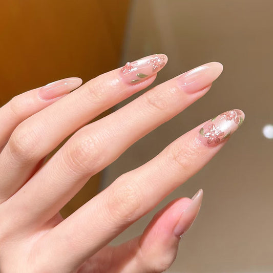 Spring Blossom Long Almond Press On Nail Set with Sheer Pink Color and Floral Art Design
