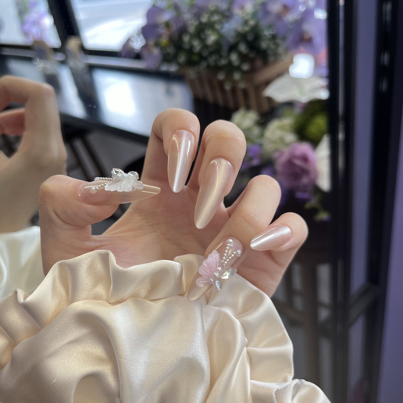 Dreamy Blossom Long Almond Pink with Floral Embellishments Press On Nail Set