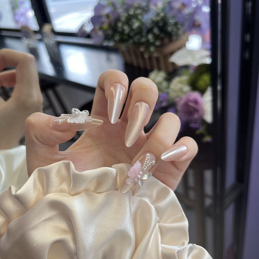 Dreamy Blossom Long Almond Pink with Floral Embellishments Press On Nail Set