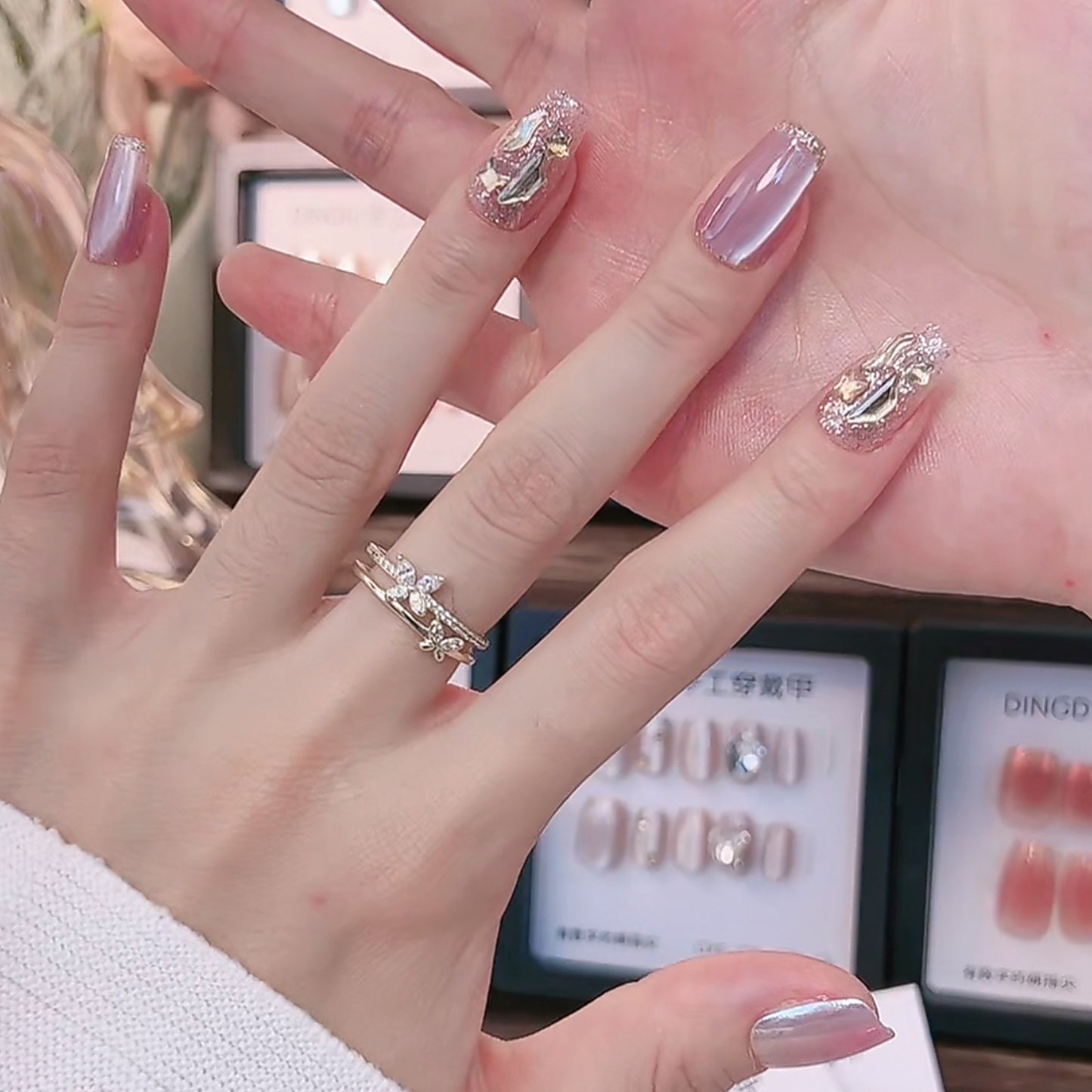 Whimsical Elegance Medium Coffin Rose Gold Glittering Press On Nail Set with Floral Accents