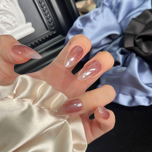 Glamorous Dreamy Medium Almond Shaped Clear Pink Press On Nail Set with Iridescent Finish