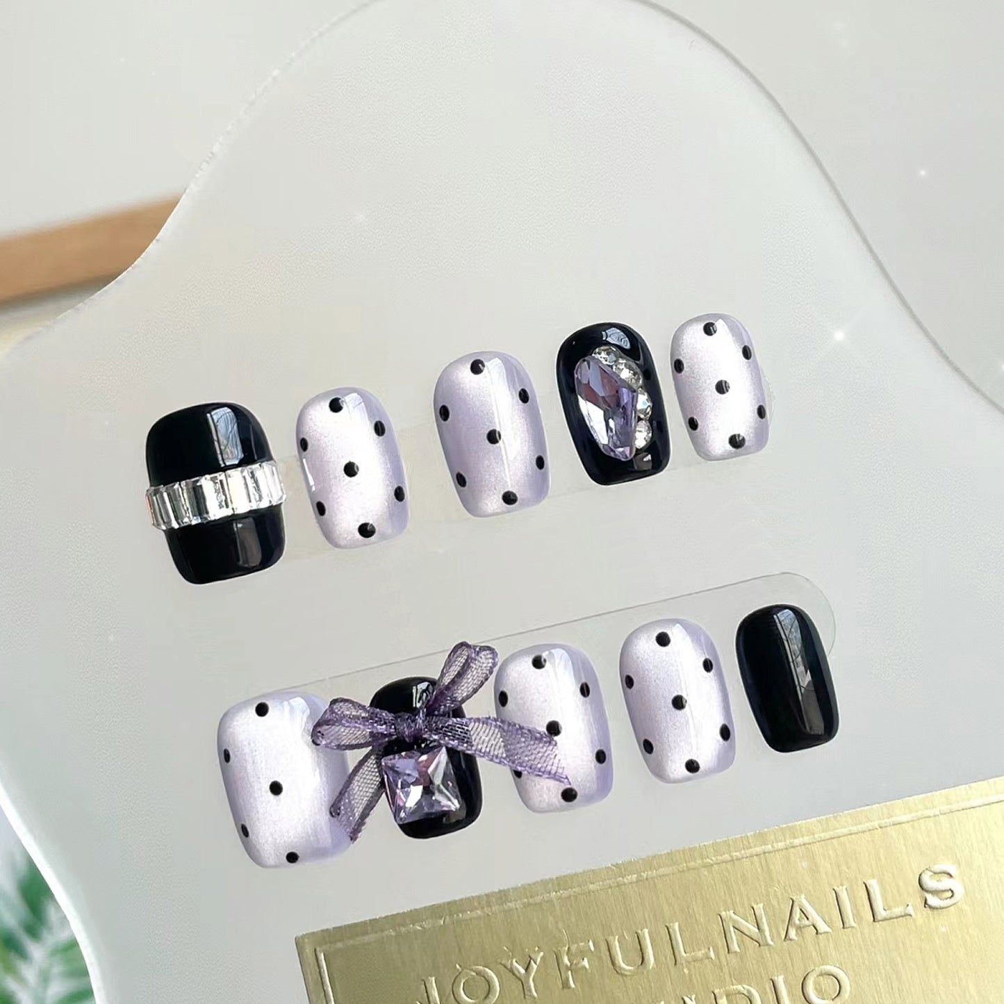 Chic Glamour Short Square Purple and Black Polka Dot Nail Set with Rhinestone Accents