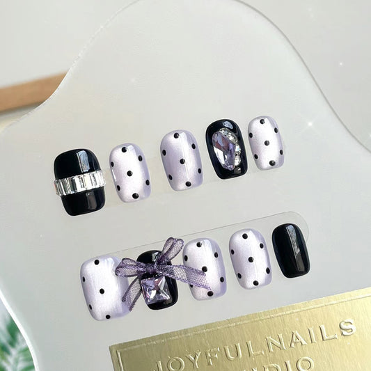 Chic Glamour Short Square Purple and Black Polka Dot Nail Set with Rhinestone Accents