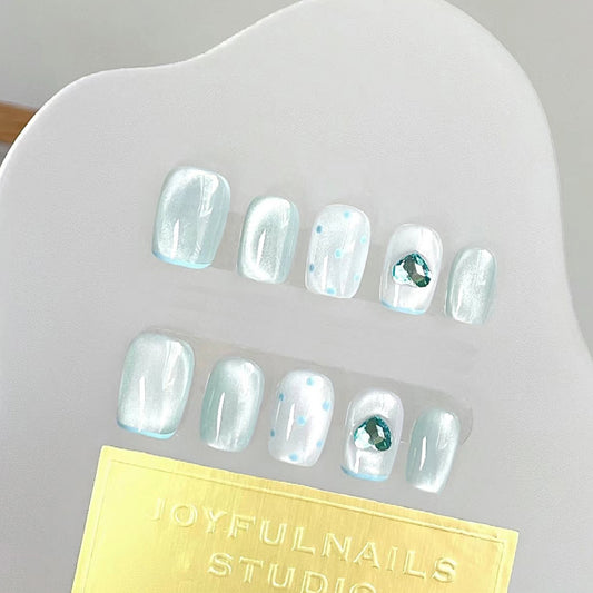 Ocean Breeze Dreamy Short Square Pastel Blue Press On Nail Set with Shimmer and Gemstone Accents
