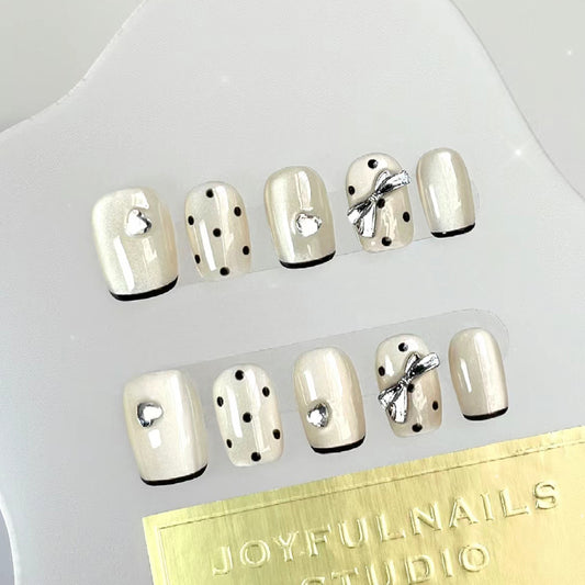 Charming Elegance Short Square Cream Polka Dot Design with Bow and Heart Accents Press On Nail Set