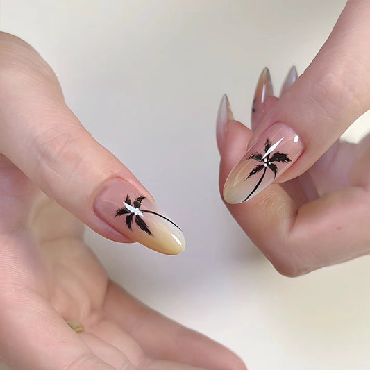 Tropical Paradise Long Almond Nails Beige with Palm Tree Design