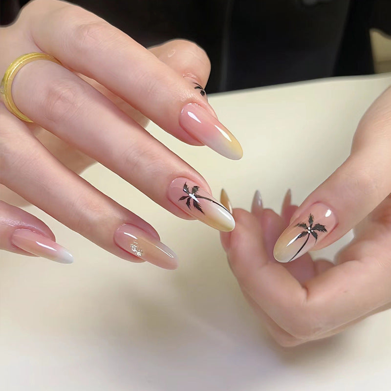Tropical Paradise Long Almond Shaped Ombre Beige Press On Nail Set with Elegant Palm Tree Design