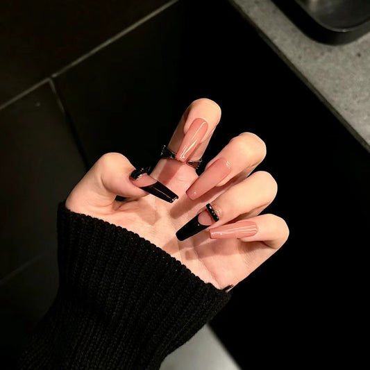 Gothic Glamour Long Coffin Shape Beige and Black with Stunning Accent Details Press On Nail Set
