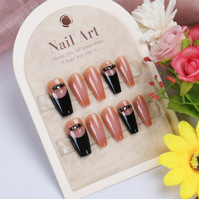 Glamorous Elegance Long Coffin Shaped Beige and Black Press On Nail Set with Decorative Accent Strip