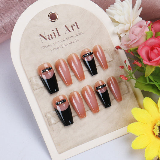Glamorous Elegance Long Coffin Shaped Beige and Black Press On Nail Set with Decorative Accent Strip